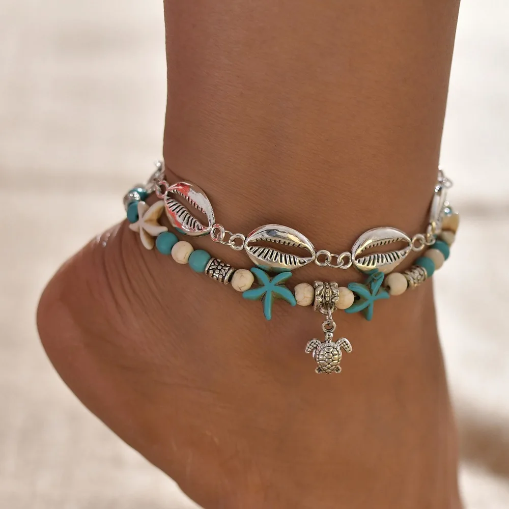 Hawaiian Anklets Bracelets For Women Shell Sea Turtle Rhinestone