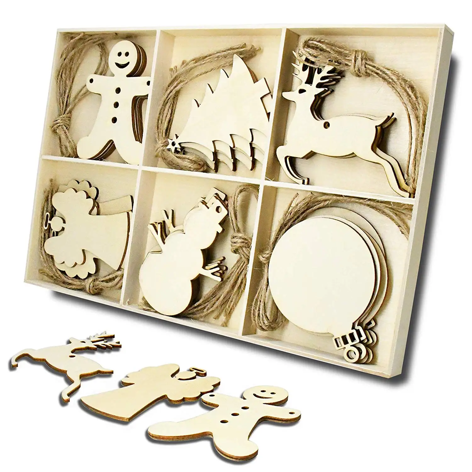 Wooden Christmas Tree and Snowman Shaped Embellishments Hanging Ornaments Decoration with Natural Twine (Each of 5)