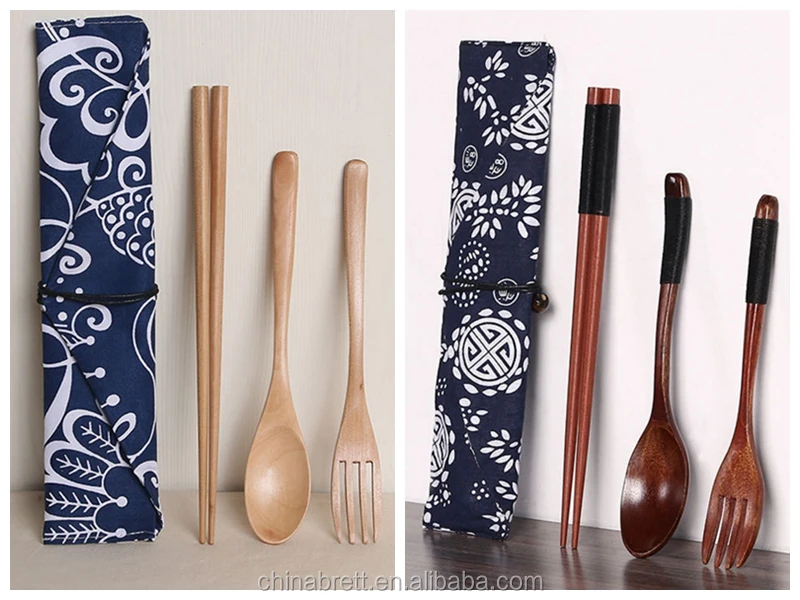 Japanese Style Flatware Bamboo Cutlery Set With Pouch Travel