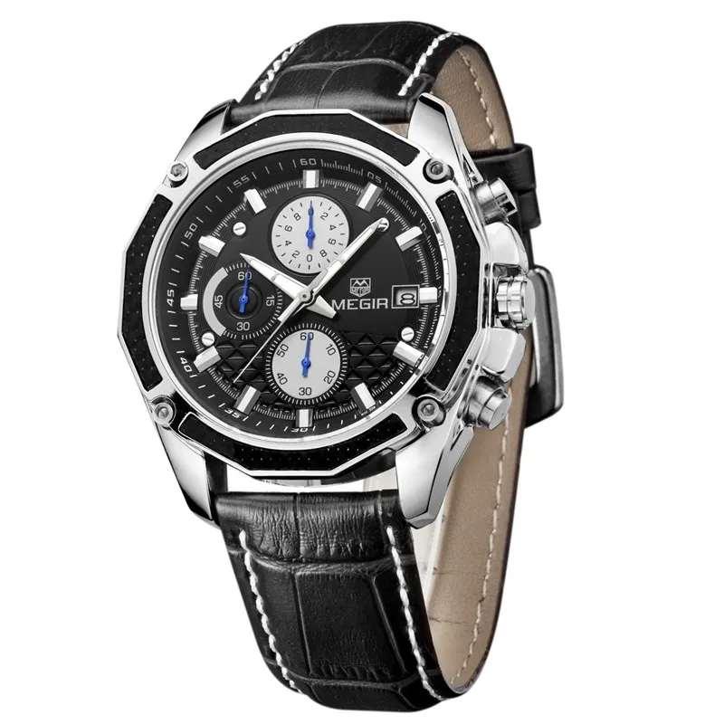 Megir fashion sport quartz watches men casual leather brand wristwatch man hot waterproof luminous stop watch for male hour 2015