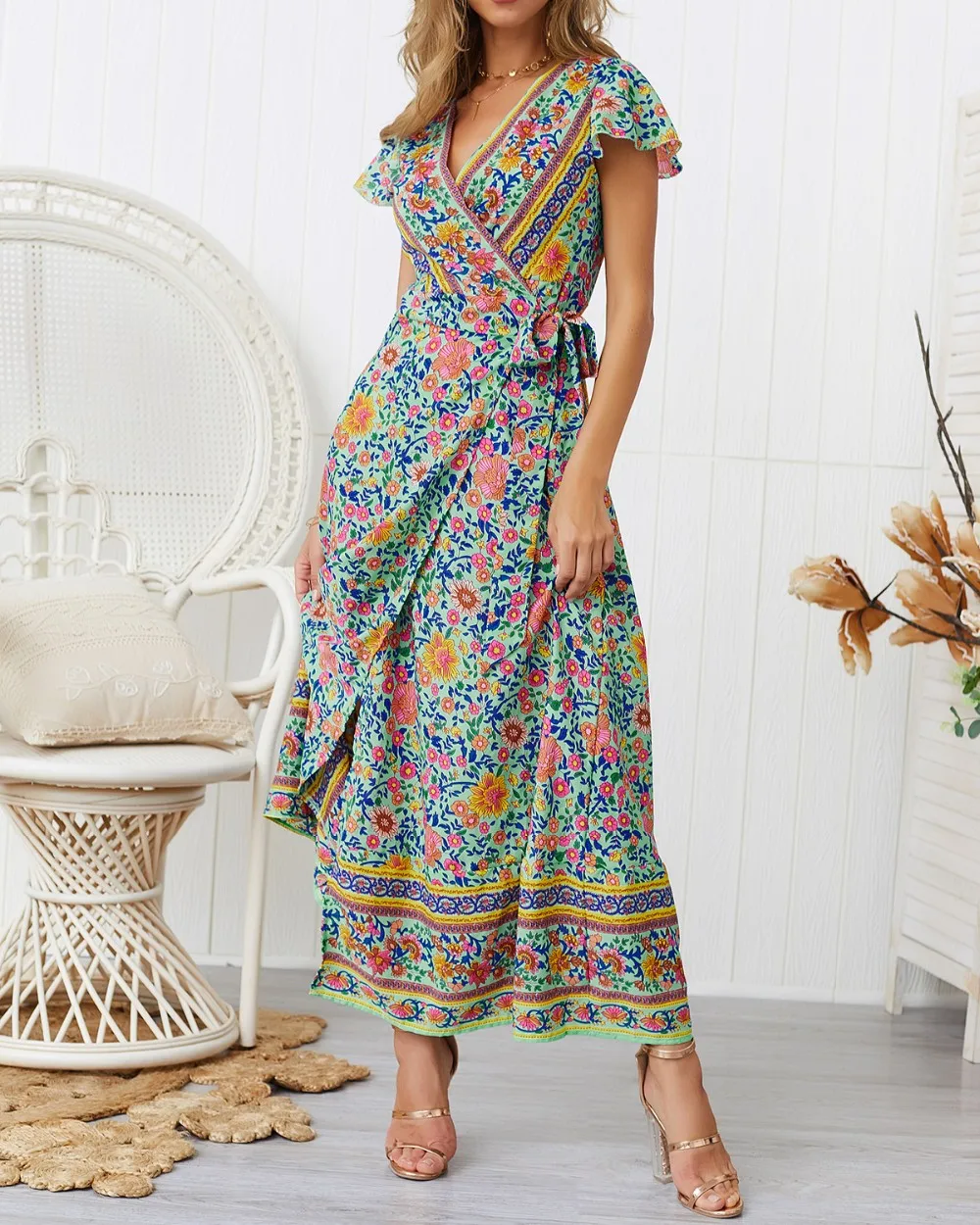 Boho Multicolor Long Dress Wrap V Neck Short Sleeve Maxi Woman Dresses ...