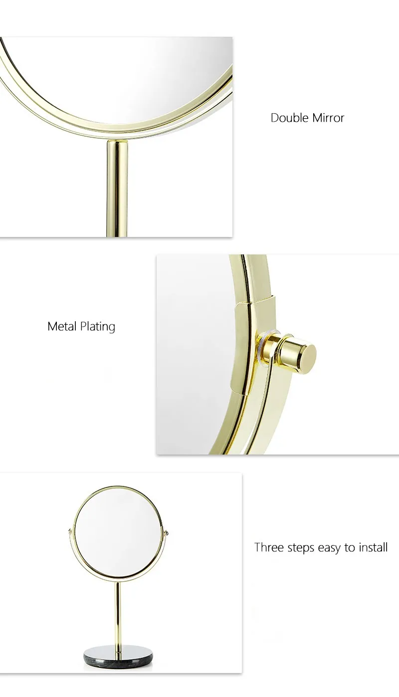 Luxury Gold Marble Stone White Round Desktop Makeup Mirror For Home