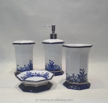 Hand Painted Blue And White Porcelain Bathroom Set Tumbler White Porcelain Bathroom Set Tumbler