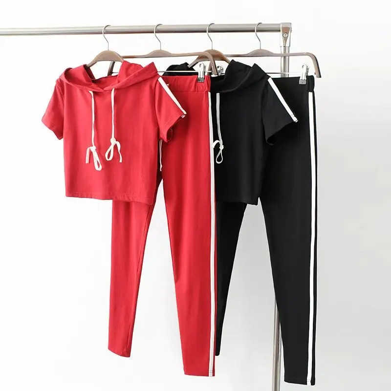 Women Sexy Yoga Crop Tops Hoody And Tight Sweatpants Red Black ...