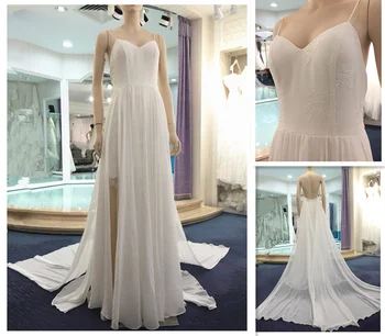 Fashon White Sweetheart Spaghetti Straps Chiffon Backless Long Side Fashon White Sweetheart Spaghetti Straps Chiffon Backless Long Side Casual Detachable Tail Beach Wedding