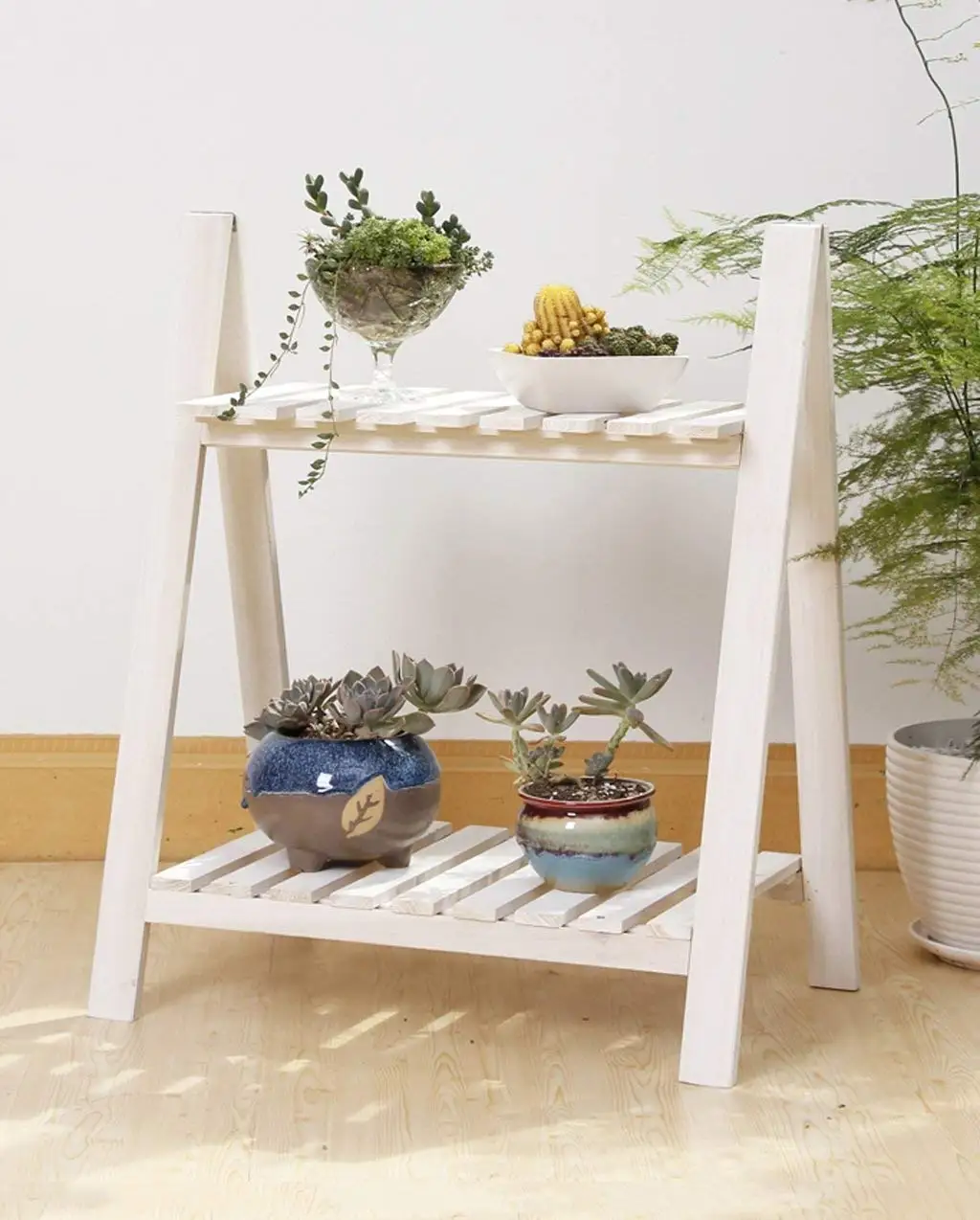 Buy ZENGAI Simple Two-Story Solid Wood Flower Shelf, Wooden Flower Pot