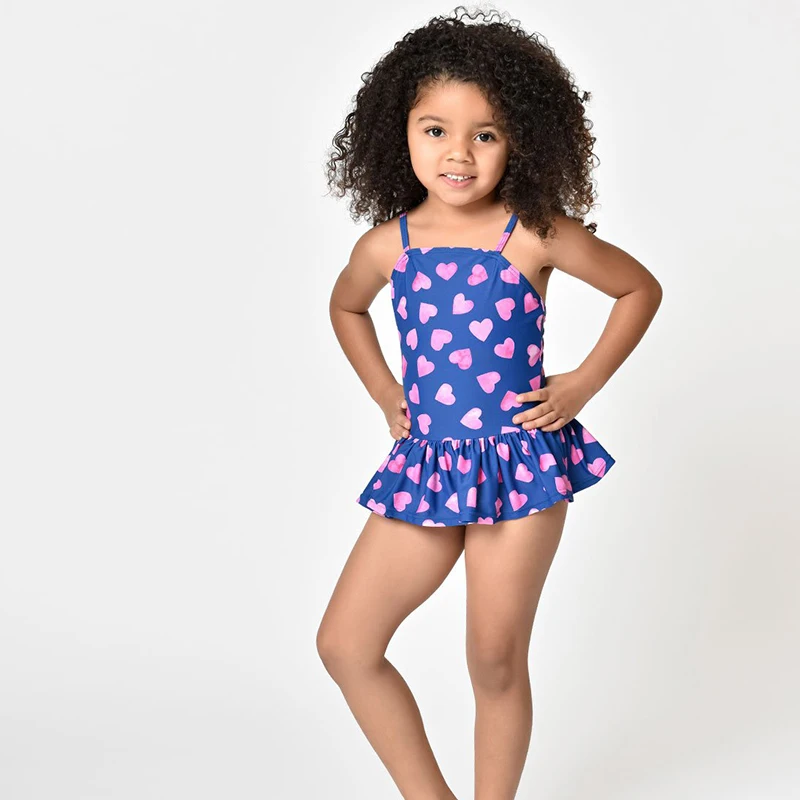 Wholesale Custom Kids Navy And Pink Heart Ruffle One Piece Swimsuit