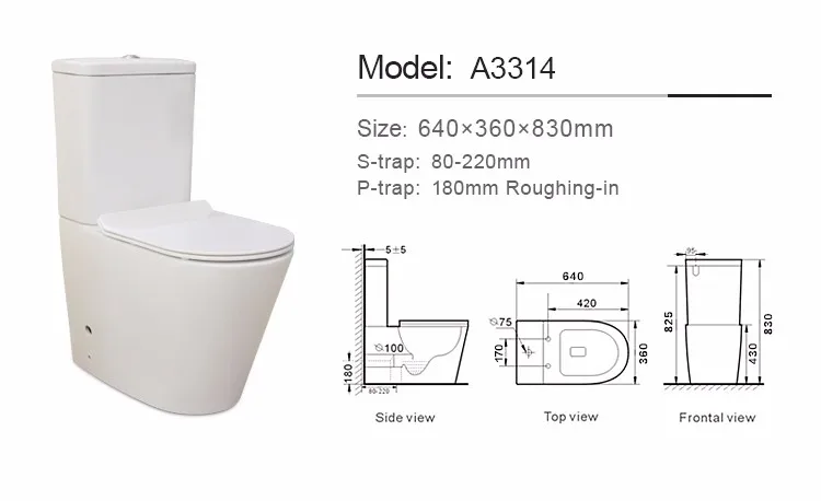 Australian Watermark Certificated Water Ratting Two Piece Wall Drain Rimless Toilet