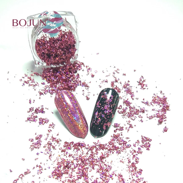 1.Holographic irregular flake 2.Mirror effect and star effcct all can be made 3.High shine and sparkling effect 4.Pink and blue for color reflection