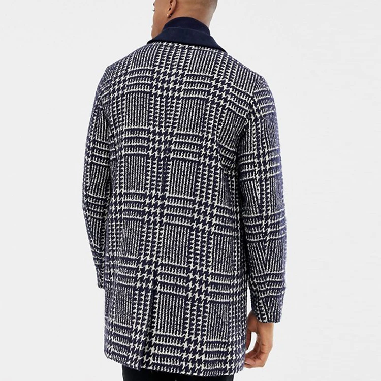 Corduroy Collar Long Coats Check Design Wool Men's Jackets & Coats 