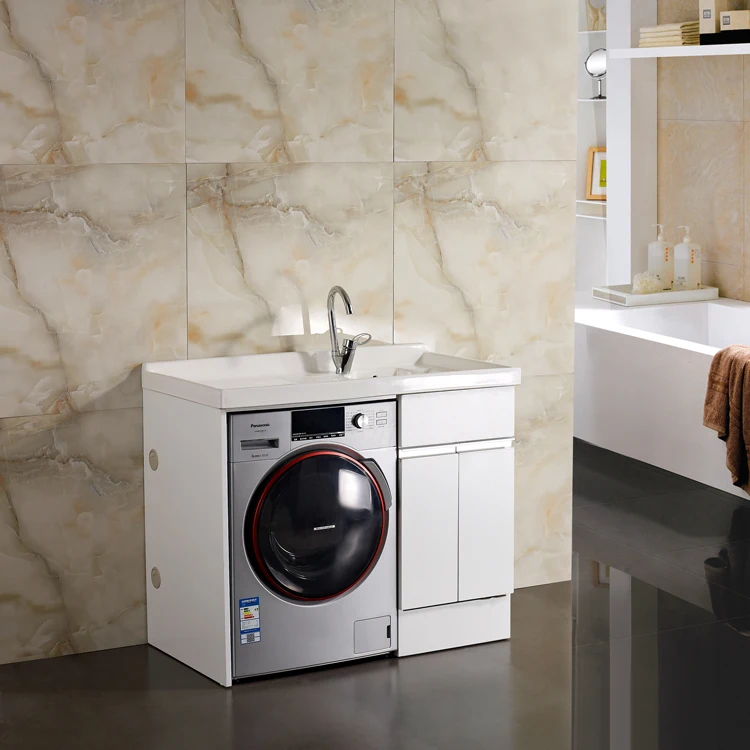 Floor Mounted Laundry Basin Above Washing Machine Mirrored