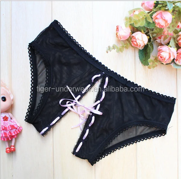 Open Front Black Lace Hollow Out Panty See Through Women Sexy Underwear ...