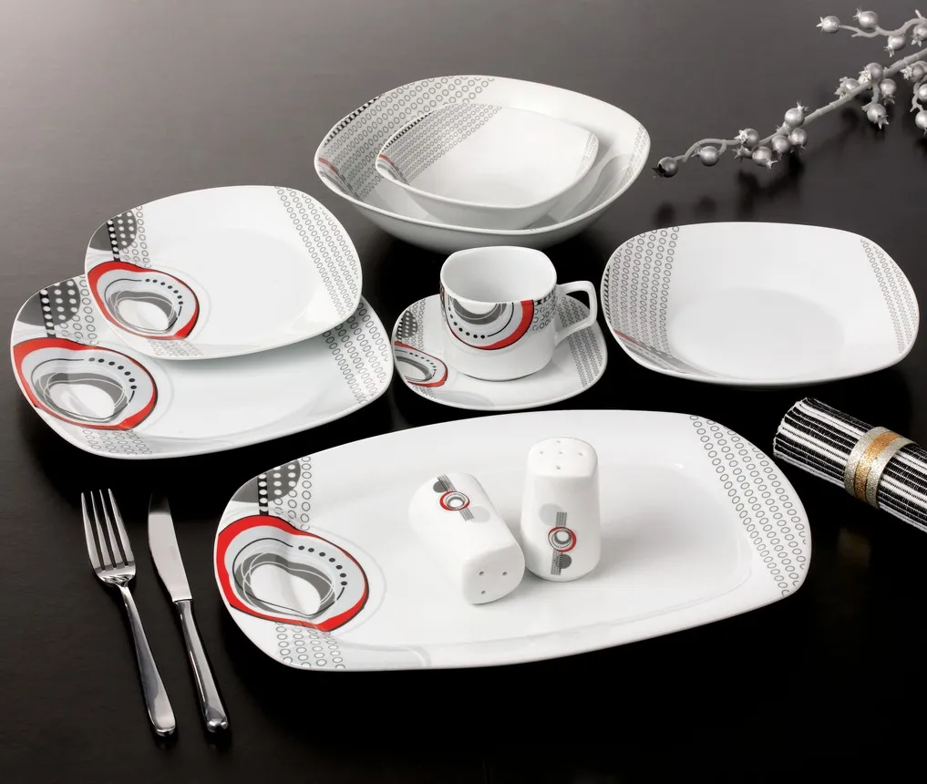 Colorful Luxury Square 50pcs Fine China Ceramic Dinnerware Dish Sets