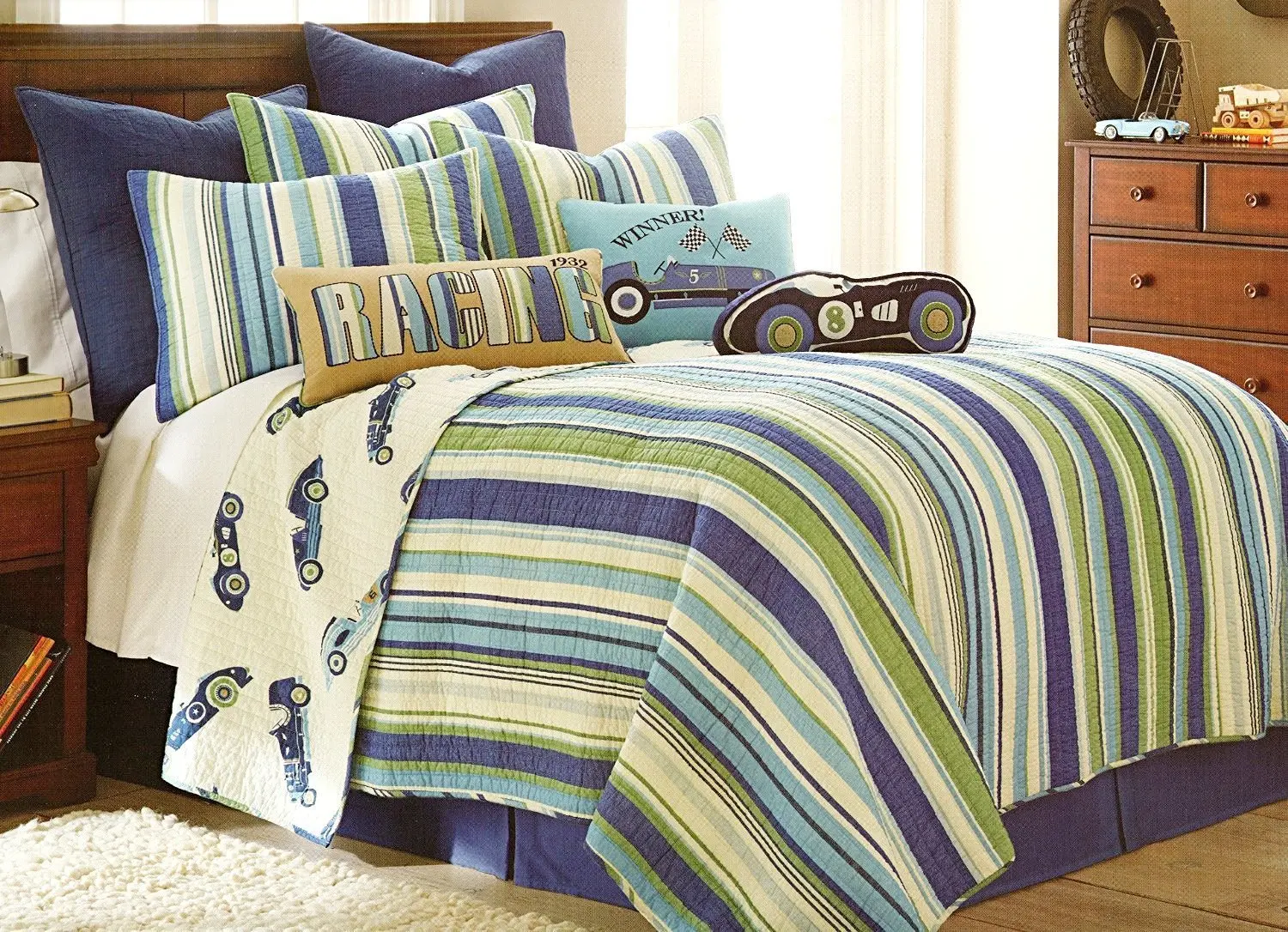 4-pc TWIN SIZE Hot Rod QUILT & SHEET SET (TWIN SIZE) - Retro Race Cars Reversible Stripes Quilted Bedding Bedspread