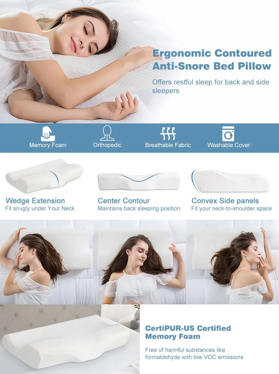 Feagar Memory Foam Neck Pillow Hypoallergenic Ergonomic Deep Sleep Bed Pillow Anti Snore Cervical Support Pillow for Side Sleepers & Back Sleepers 59*40*10/12CM Orthopedic Contour Sleeping Pillow 