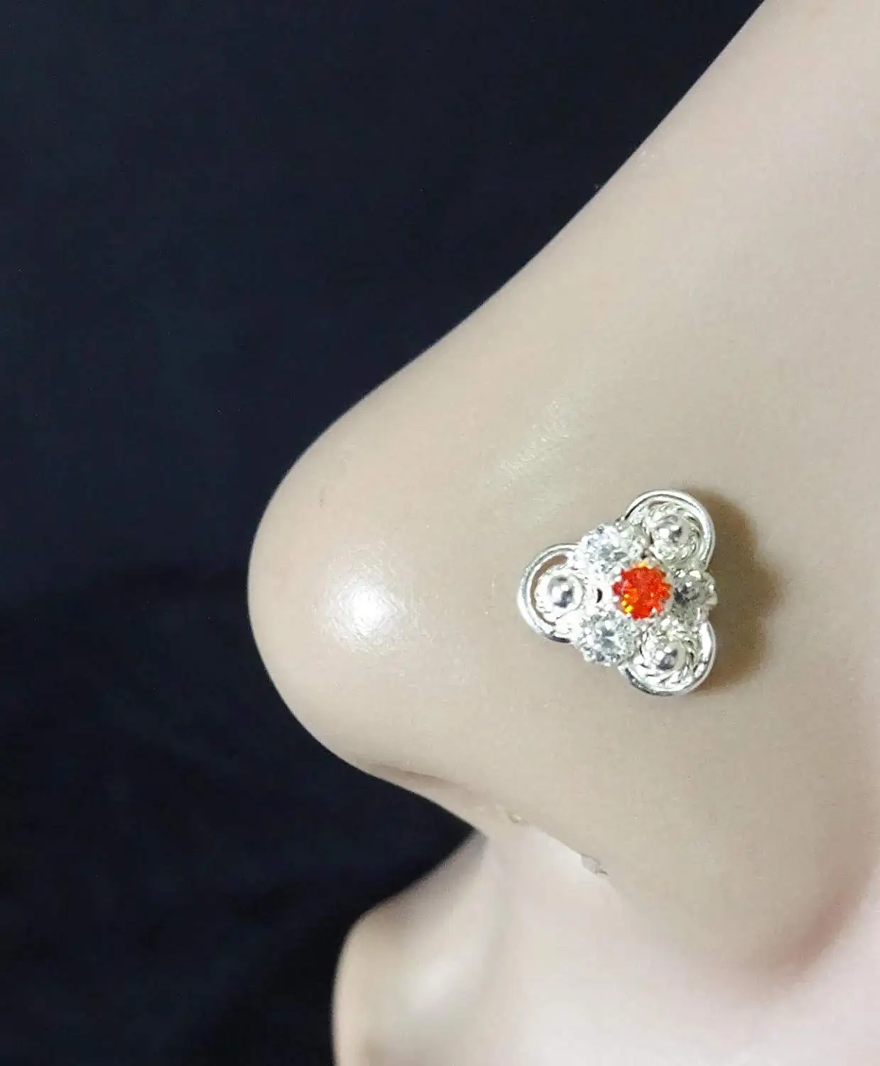 Silver Diamond Piercing,Indian Nose Stud,Orange Stone Nose Stud,Silver Nose Cuff,Monroe Nose Ring,Tiny Gold Piercing,Wedding Nose Screw,CZ Clear Nose Stud,Crock Screw Nose Stud ( TEJ760)
