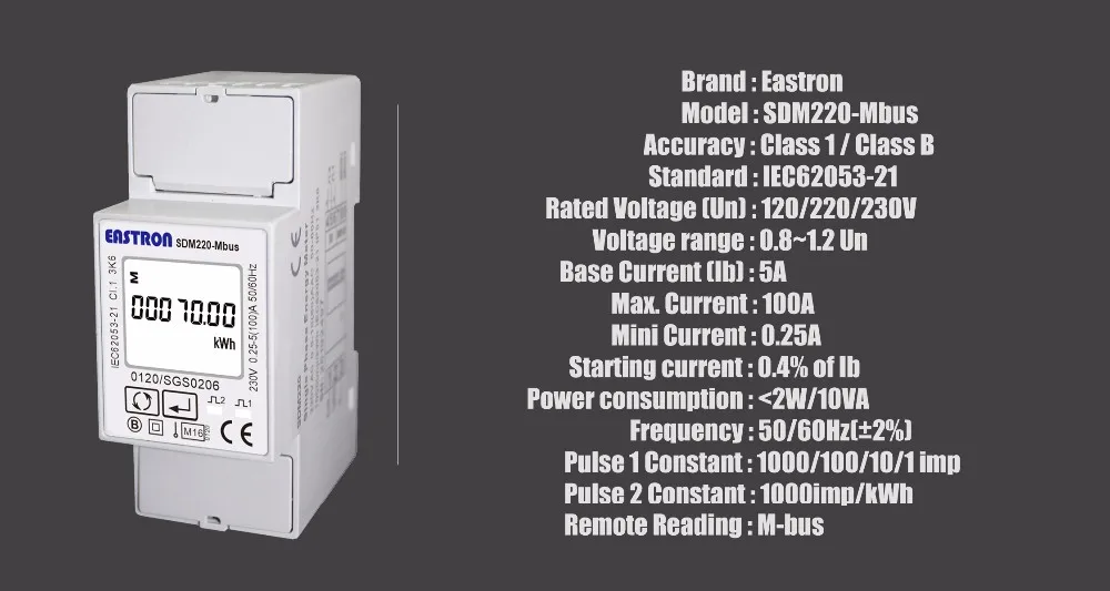 SDM220Mbus Single Phase Energy Meter, M-bus Meter, MID Approved