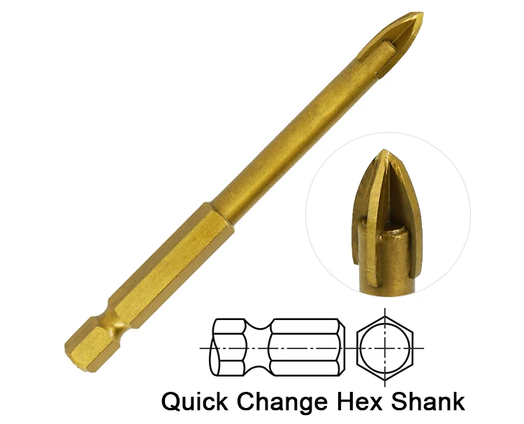 5 Pcs Titanium Coated Hex Shank Cross Carbide Tip Glass and Tile Drill Bit Set in  Box and PVC Double Blister