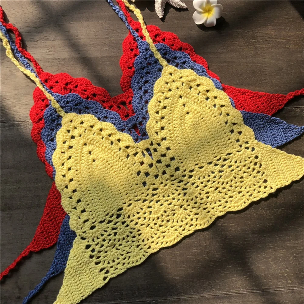 New Fashion Knit Crochet Cami Women Bralette Halter Neck Crop Tops Summer Beach Bikini