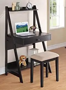 2 pc Black finish wood leaning wall desk with shelves and drawer with stool