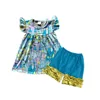 wholesale hot style castle printing short sleeve clothing and ruffle pants right blue girls clothing sets