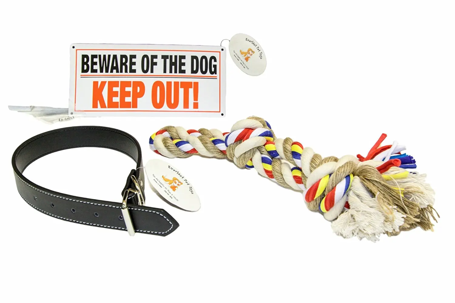 Everlast Pet Toys | Best Dog Collar & Chew Rope Bundle PLUS For Large Dogs | 24" x 1.25" Adjustable Dog Collar | Jumbo Double Knotted Chewer Rope | 'Beware Of The Dog' Sign w Screws | Top Rated