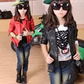 4 11T 2016 autumn girl fashion outerwear coats PU leather jackets coats baby girl clothing two