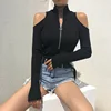 High Neck Cold Shoulder Ribbed Bodysuit With Zip Front