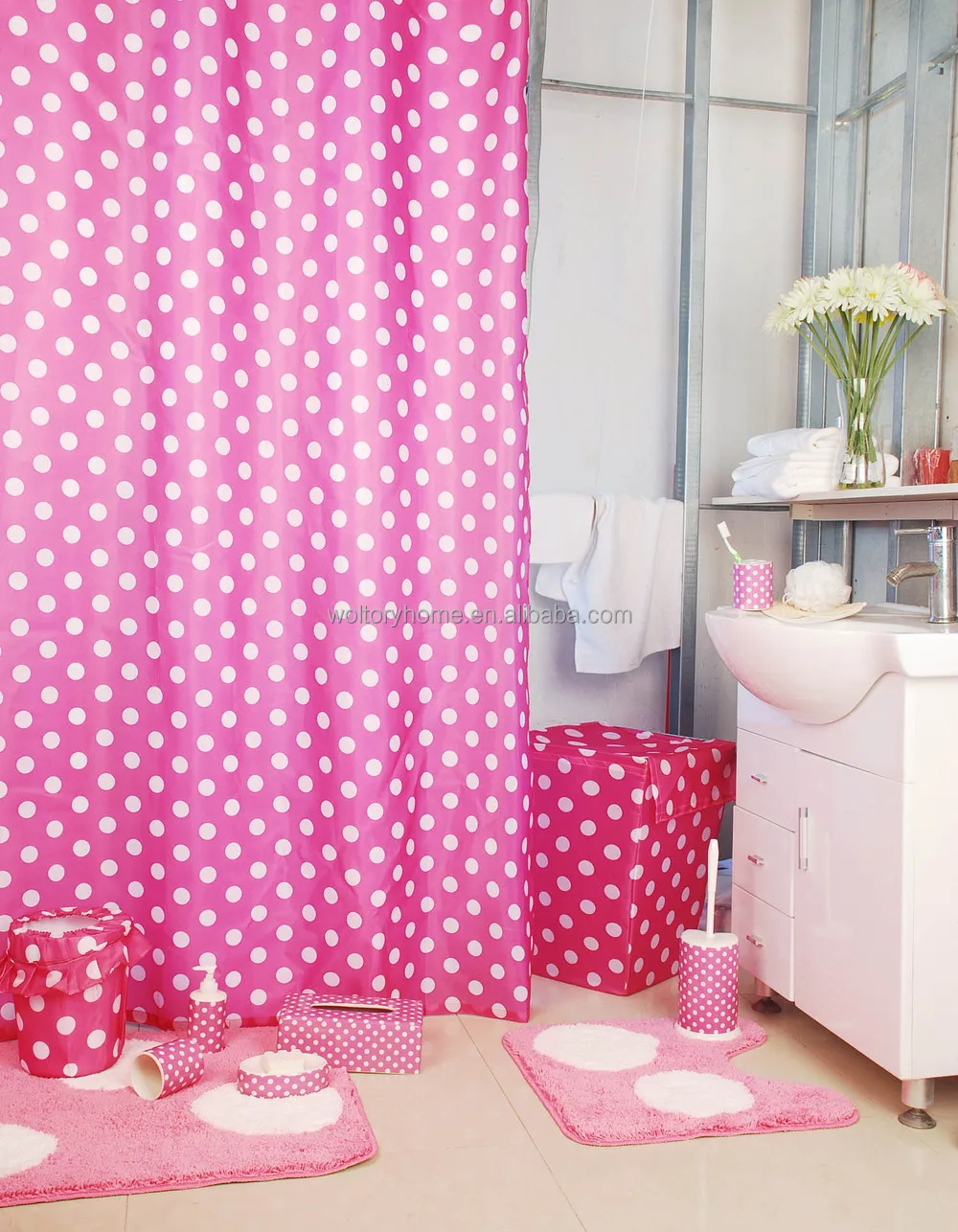 Set 4 Piece Pink/Green Polka Dot Floral Pattern Ceramic Bathroom Accessories 