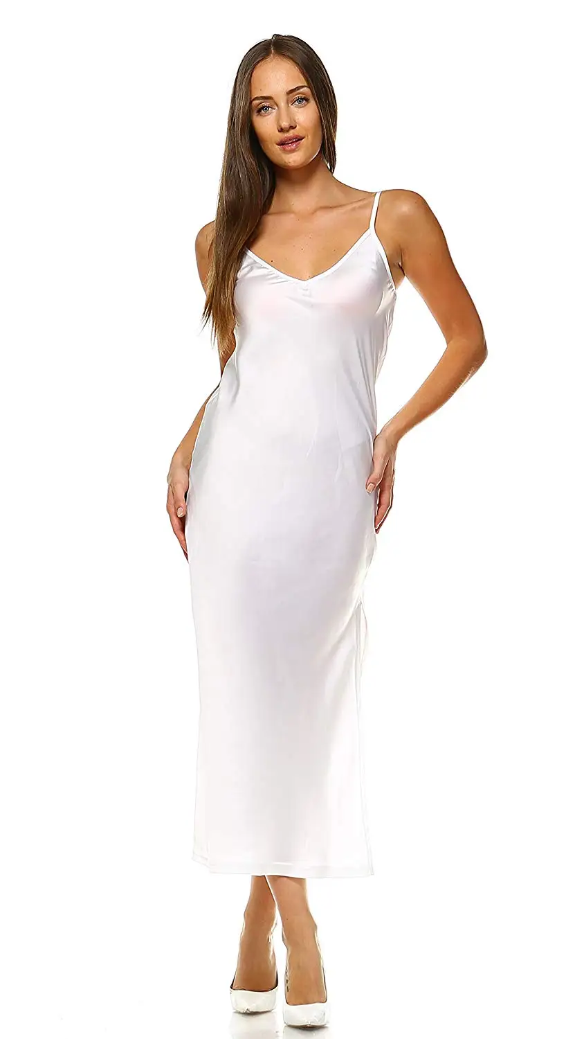 Buy O2 Collection Women V Neck Satin Long Camisole Cami Full Slip Dress With Side Slit 
