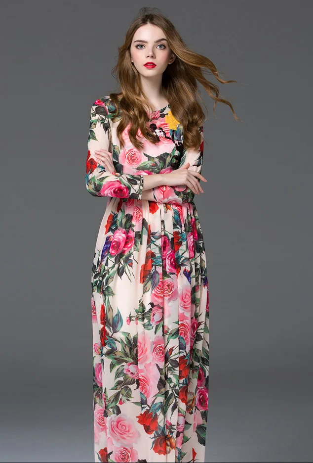 高品质热卖女装花卉印花优雅长袖性感舞会礼服 - buy women fashion