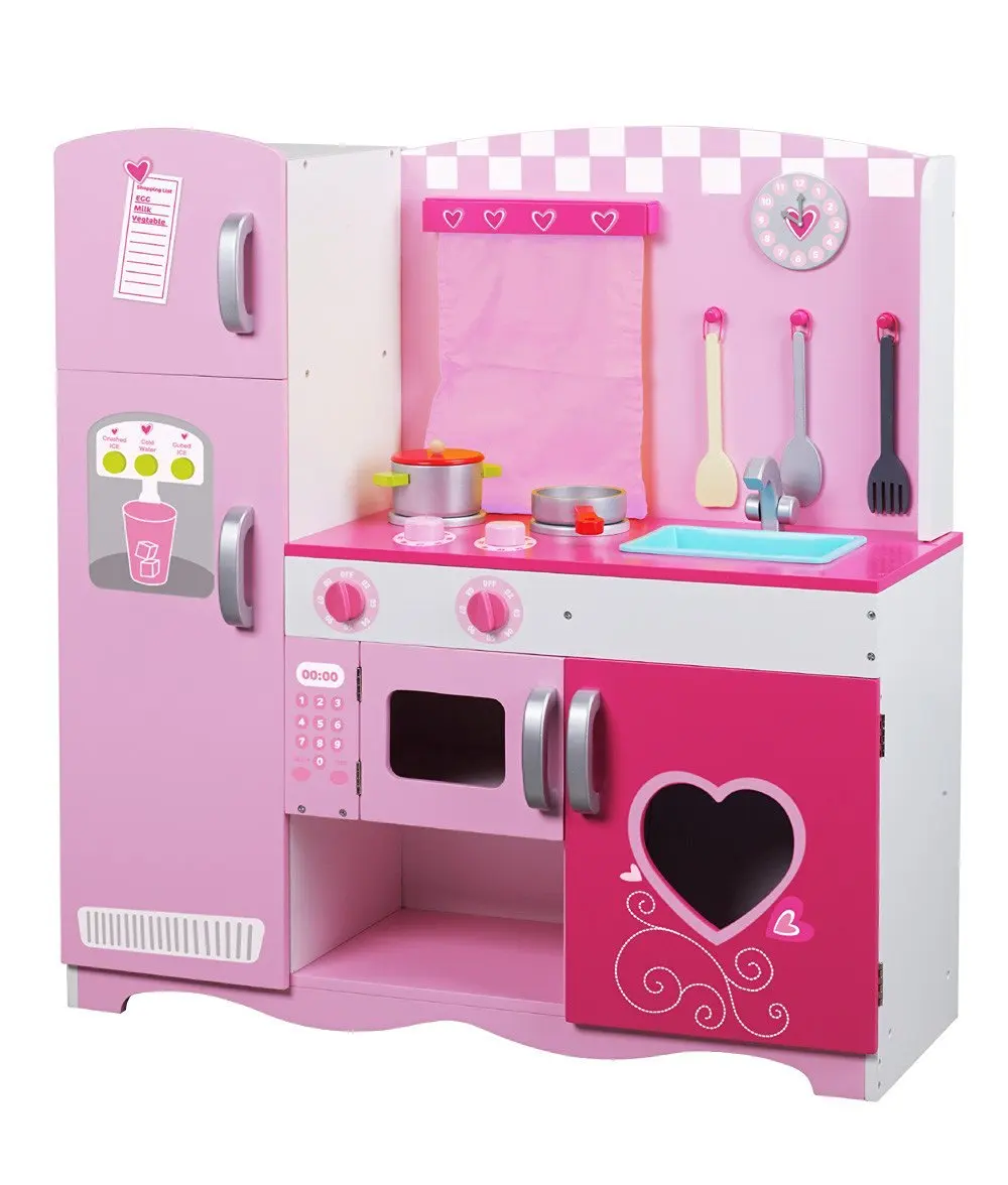 Buy Classic Toy Wooden Kitchen Set Primry Color Pink Kitchen Appliances Toy And Accessories Pretend Play Games Includes Pots And Pans Utensils Sink Refrigerator Microwave Stove Clock