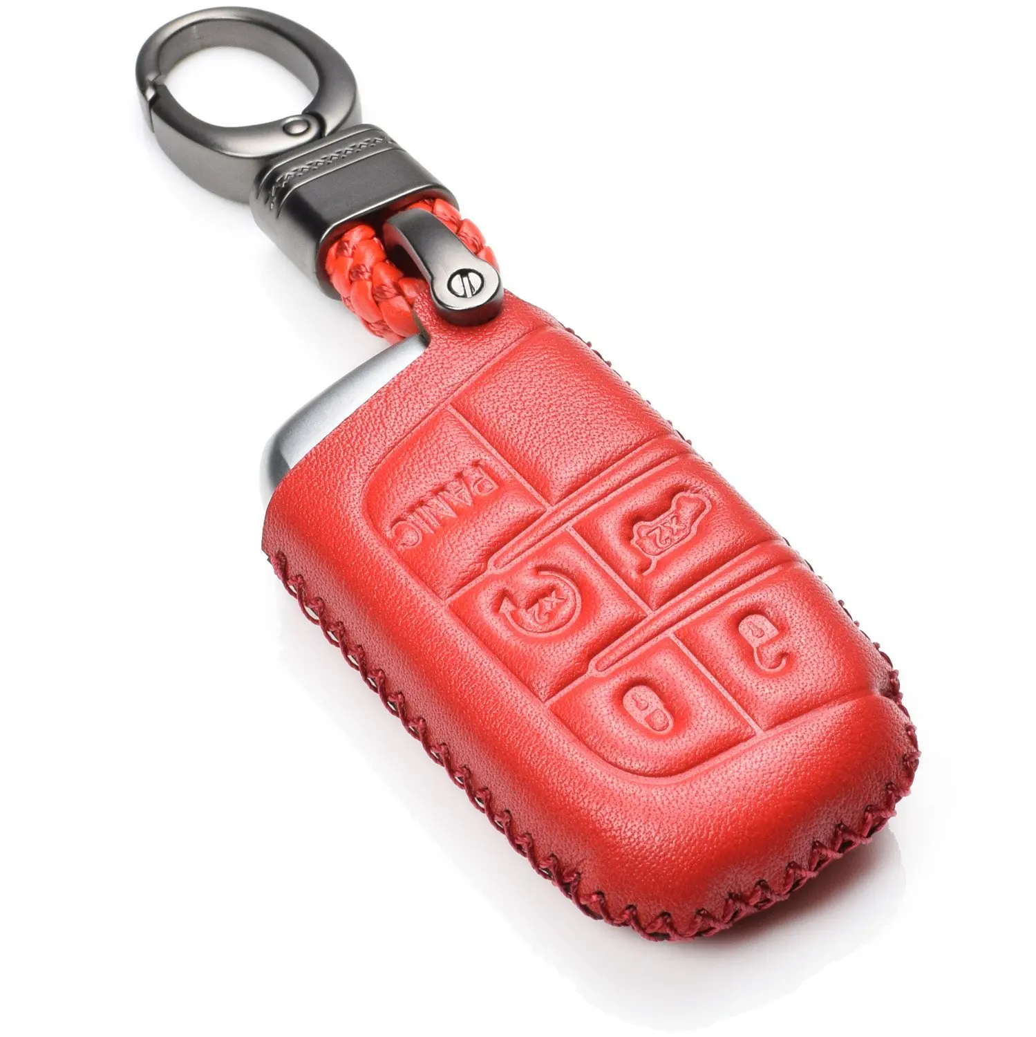 Chrysler Dodge Vitodeco Genuine Leather Smart Key Keyless Remote Entry Fob Case Cover with Key Chain for JEEP 5 Buttons, Black