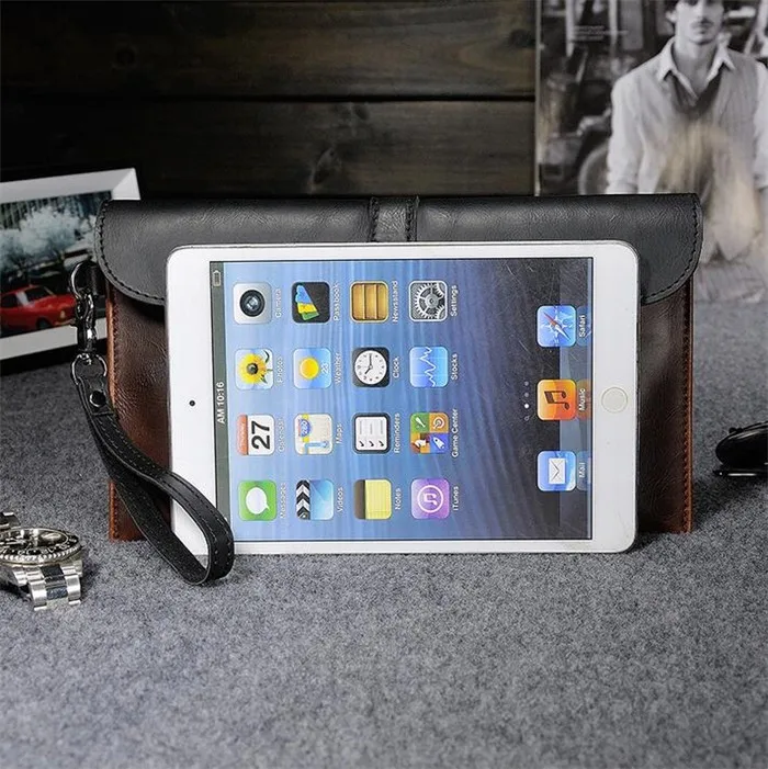 Wholesale  personality design vintage crazy horse leather wristlet handbag men's clutch bag