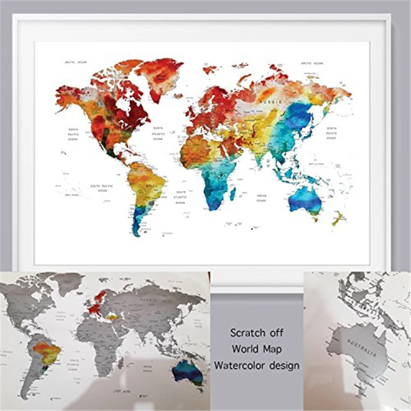 World Map Scratch Off Wall Art Poster Atercolor World Map Travel