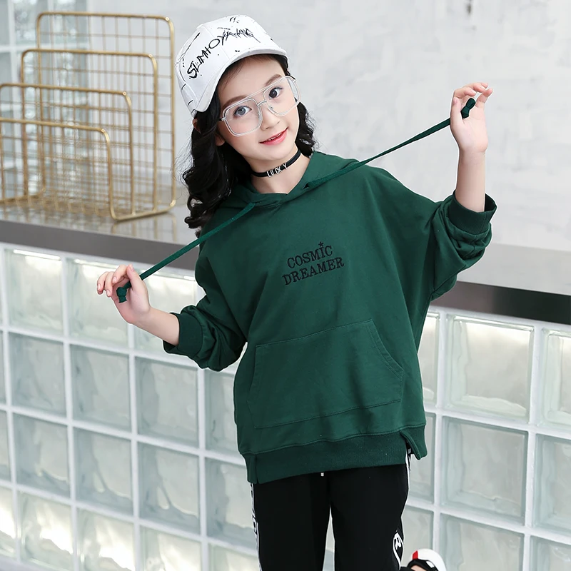 
Wholesale Cotton Fabric Girls Hooded Embroidered Shirt Kids Hoodies 