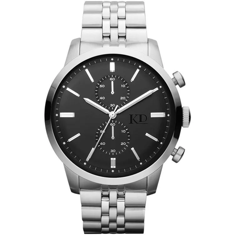 Black Leather Band Chronograph Mens Stainless Steel Watches In Stock
