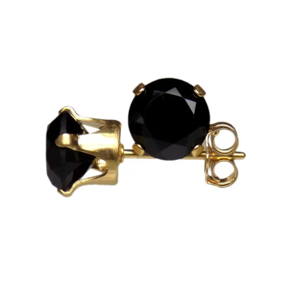 6mm Round Faceted Genuine Black Spinel Gemstone 14k Yellow Gold Filled GF Ear Stud Earrings Pair