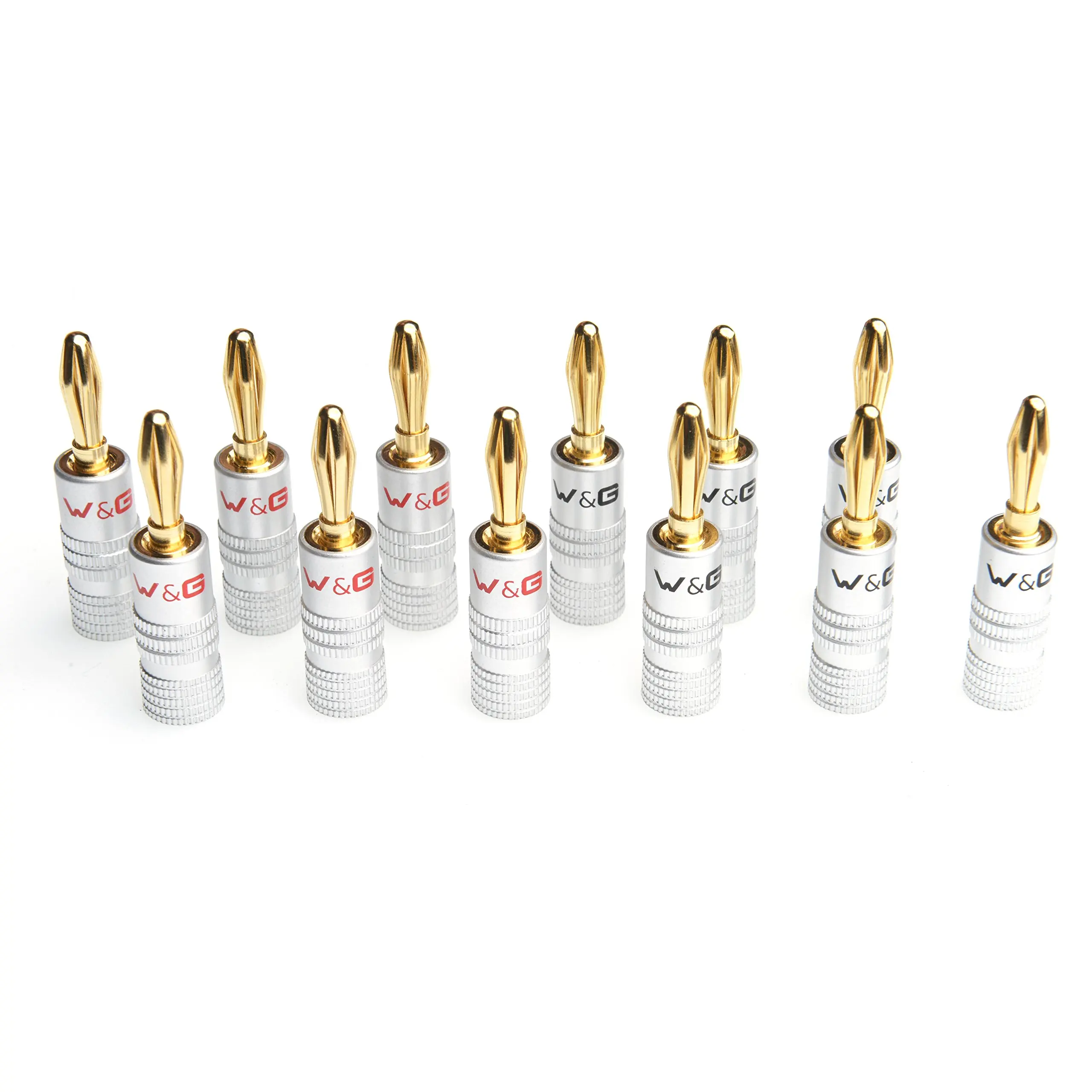 WGGE WG-009 Banana Plugs Audio Jack Connectors, 24k Gold Dual Screw Lock Jack Speaker Banana Connectors for Speaker Wire, Wall Plate (6 Pairs (12 Plugs))