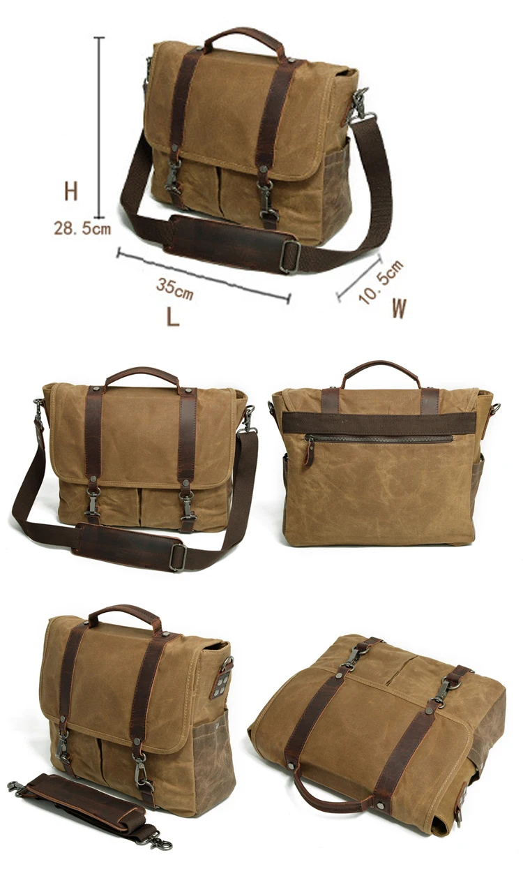 European design vintage retro stylish waterproof waxed canvas unisex laptop messenger shoulder bag with leather trim