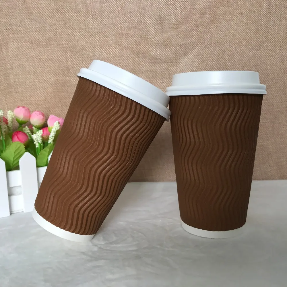 带ps 盖子的 16 盎司波纹壁波纹纸杯