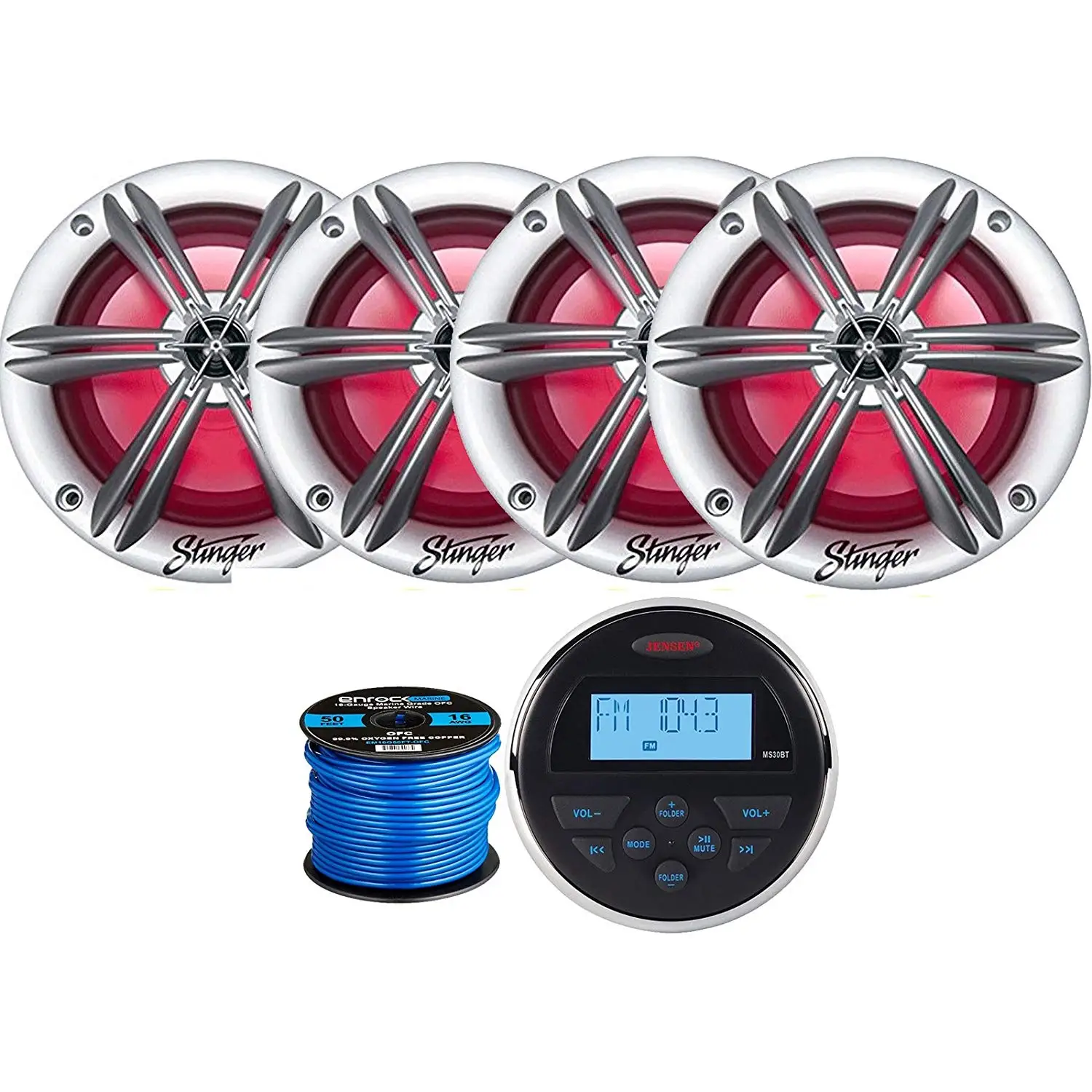 Jensen MS-30BTR Mechless Compact Waterproof Stereo w/Bluetooth, 4 x Stinger PowerSports 6.5" Marine Coaxial Speakers w/Multi-color RGB Lighting (Silver), Marine-Grade 50 Foot 16-Gauge Speaker Wire