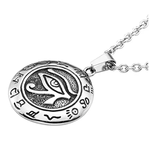 PiercingJ Mens Stainless Steel Tone Egyptian Horus Eye Symbol of Protection Eye Pendant Necklace  