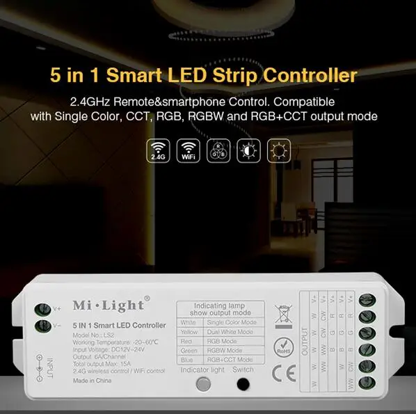 2.4G wireless control Mi.Light LS2 DC12V-24V 5 in 1 Smart LED Controller for Single Color CCT RGB RGBW RGB+CCT LED Strip light