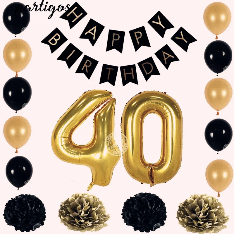 Partigos Paper Black Banner Garland Paper Flower Number 30 Gold