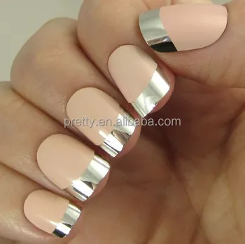 24pcs Beautiful Beige Nail With A Metallic Silver Tips Natural 24pcs Beautiful Beige Nail With A Metallic Silver Tips Natural Art Kits Glue Inside