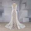 bohemian wedding dress 2019 Zhongshan factory Mermaid V Neckline Spaghetti Strap full lace over brown trumpet Bridal Gown
