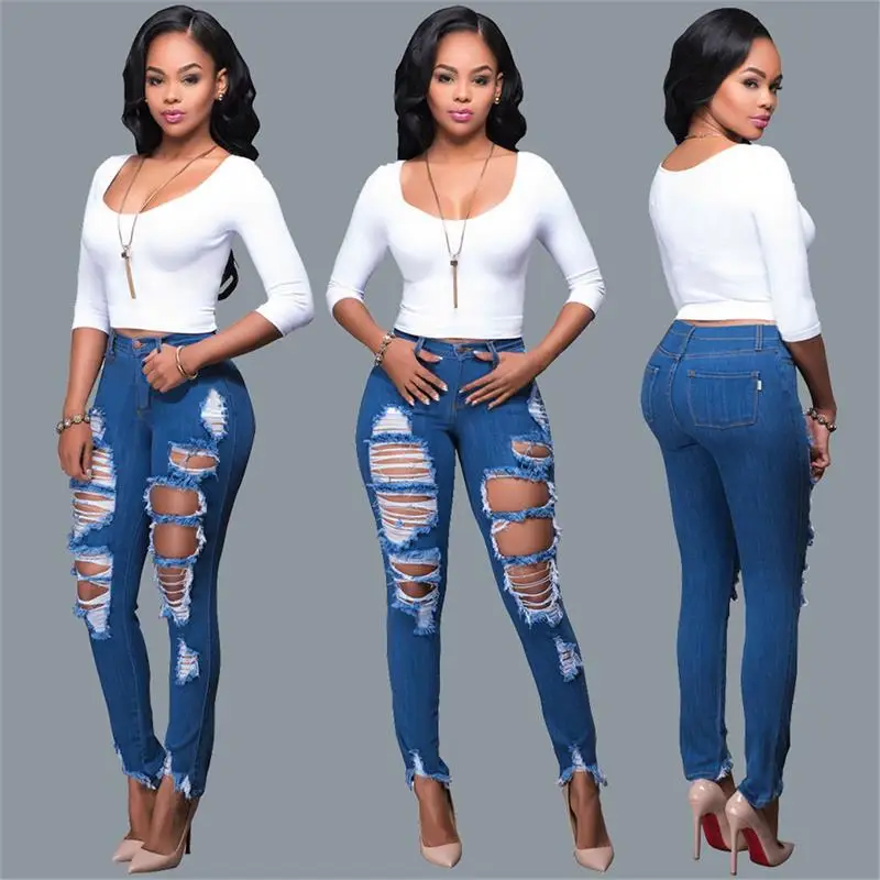 Womens Tight Jeans Chain Ripped Jeans Pants Hole Trousers Long Jeans ...