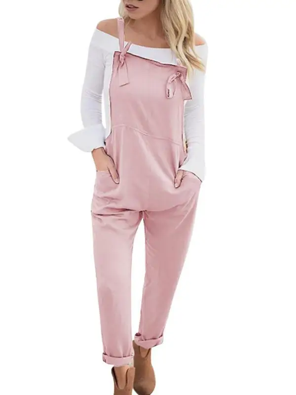 Women Pocket Pink Overalls Jumpsuits 