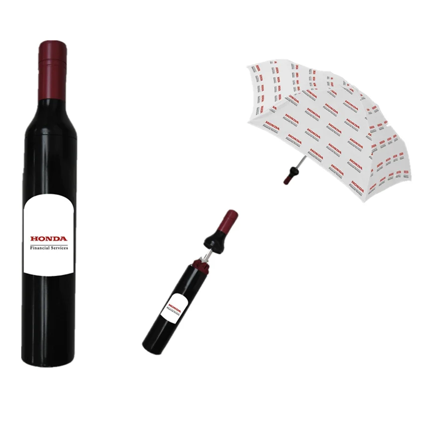 Cheap Wine Bottle Umbrella With Customer Brand Prints 3 Folding Wine